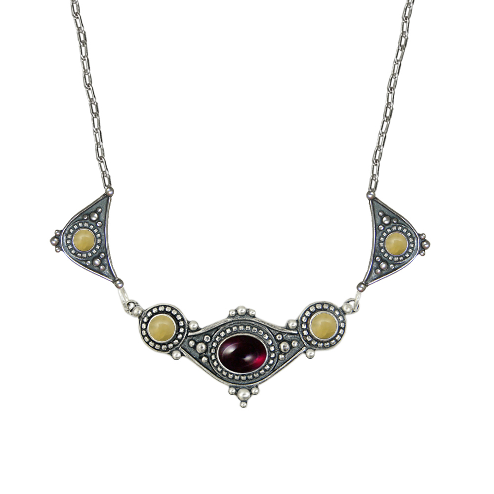 Sterling Silver Romantic Necklace With Garnet And Yellow Aragonite